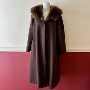 Vintage Mademoiselle Shoppe chocolate brown wool swing coat genuine mink‎ collar